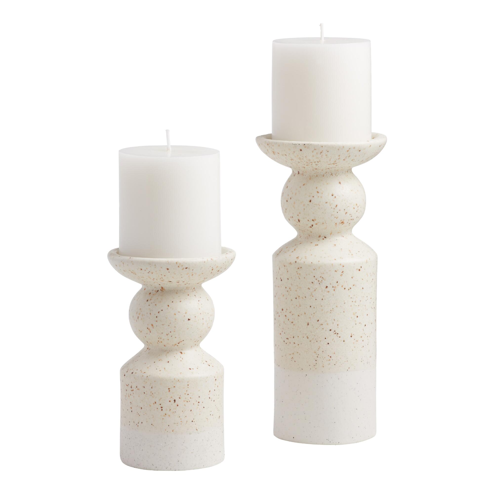 White And Natural Speckle Ceramic Pillar Candle Holder by World Market