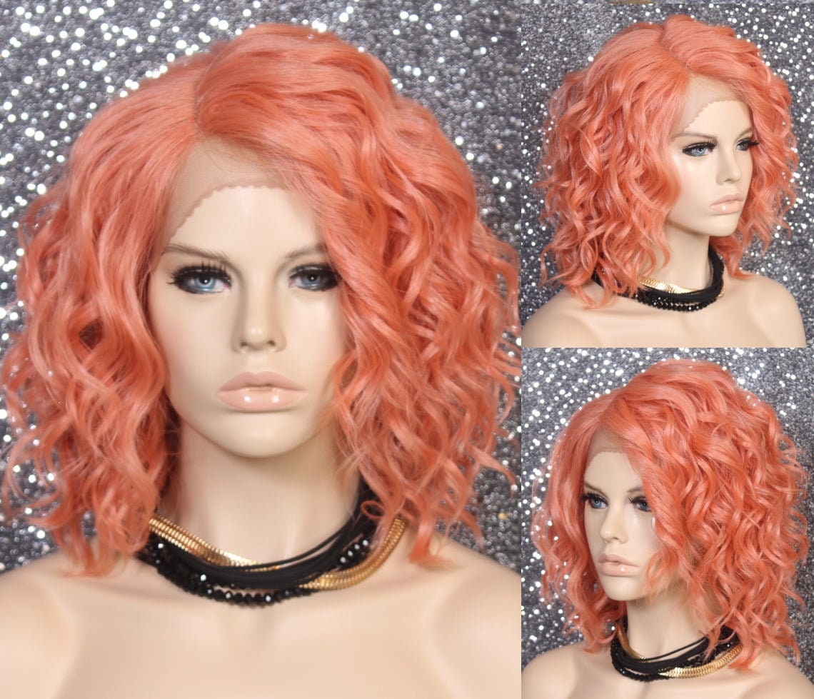 Salmon Rosie Pink Human Hair Blend Wig Perfect Curly Wavy Short Bob Side Parting Lace Front Fun & Easy. Ready To Ship So You Can Wear