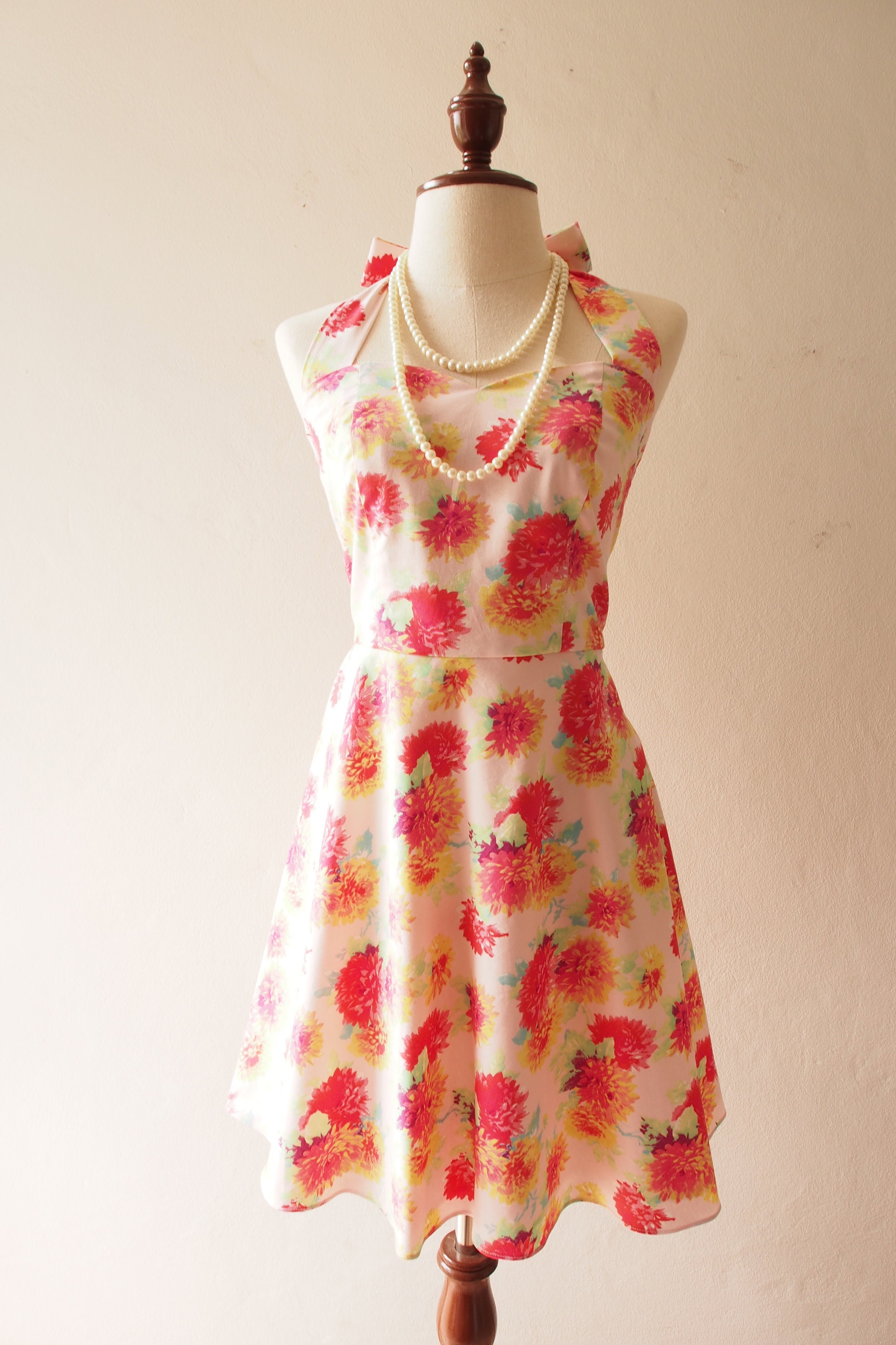 Sale Vintage Summer Dresses For Women, Short Dress Casual Dresses, Floral Sun Halter 1950