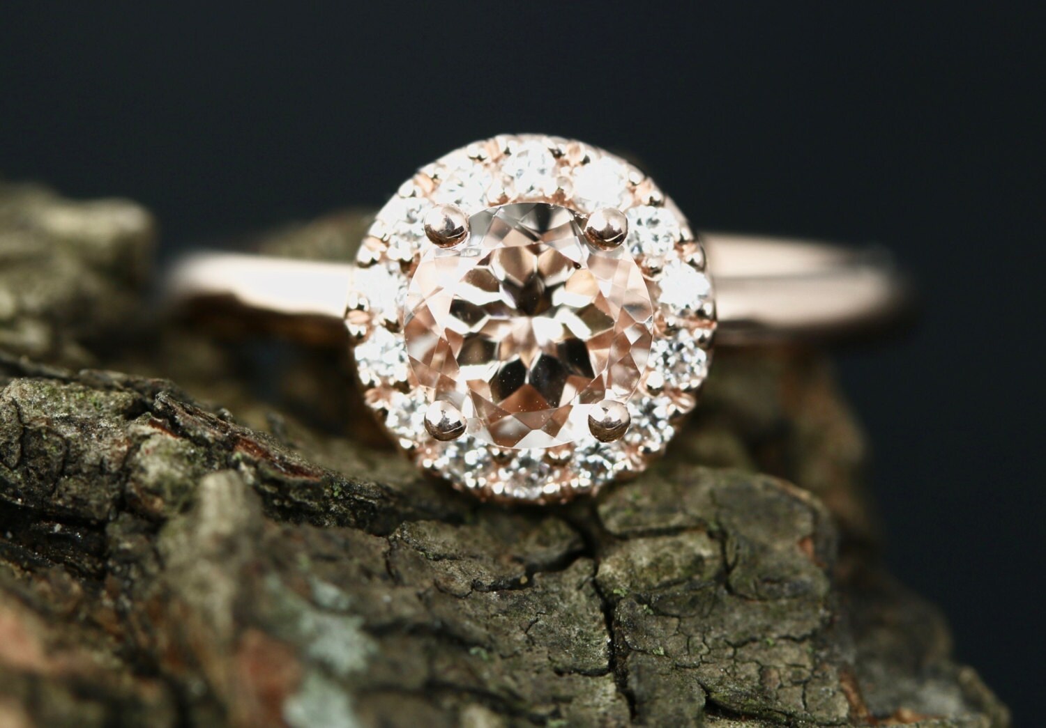 14K Rose Gold Engagement Ring Diamond Halo 7mm Round Cut Morganite Promise Wedding