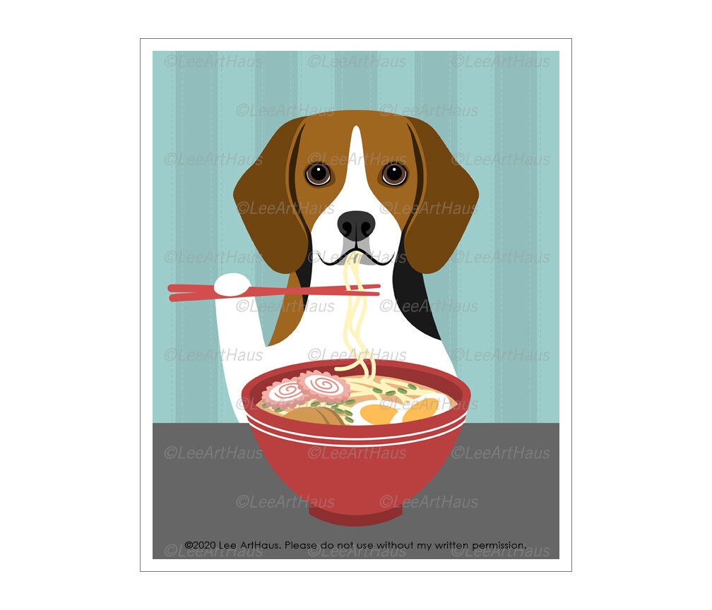 84D Dog Prints - Beagle Eating Ramen Wall Art Poster Funny Decor Gifts Puppy Food