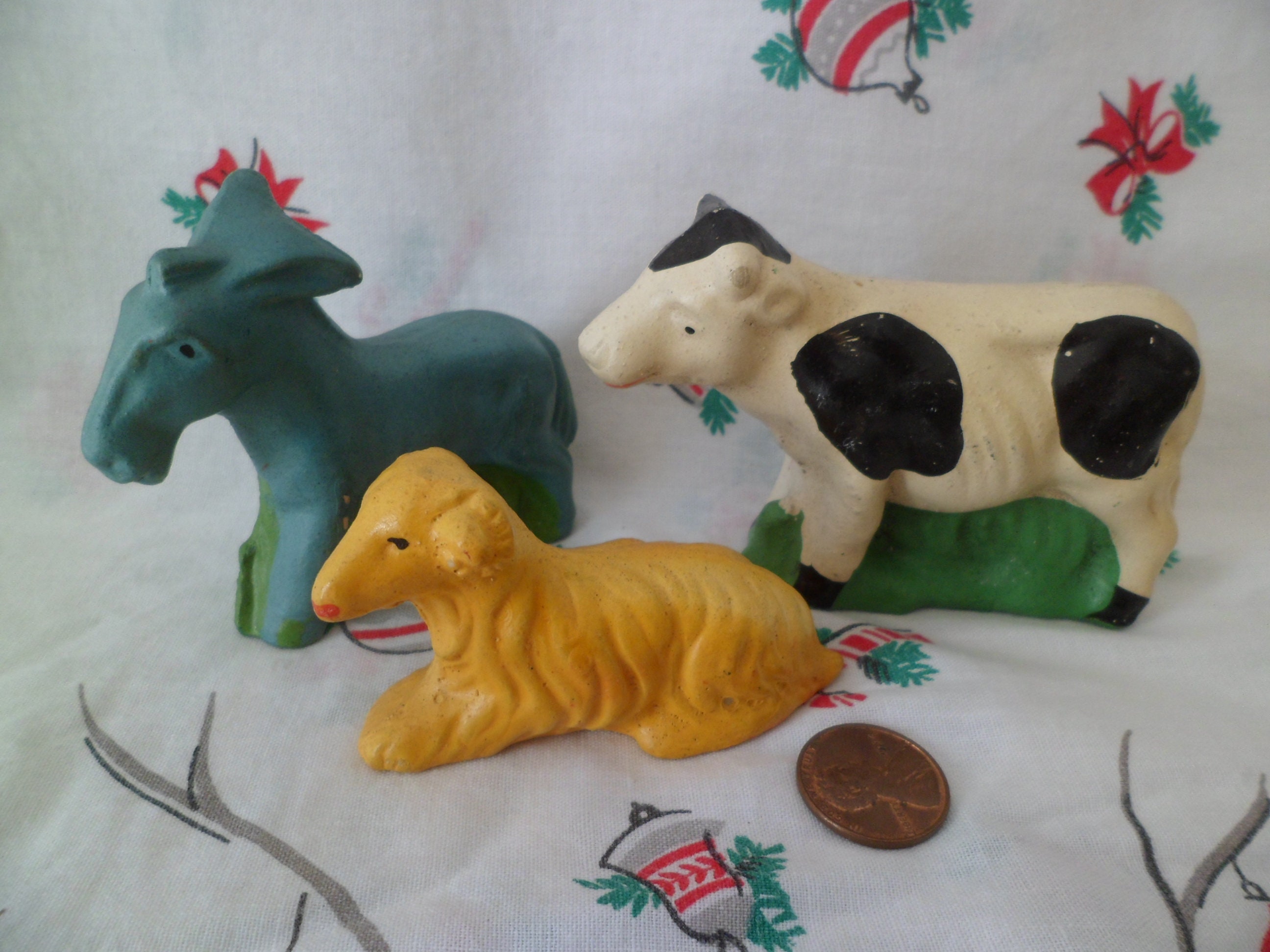 Vintage Japan Christmas Nativity Putz Animals Paper Mache Composition Donkey Cow Sheep