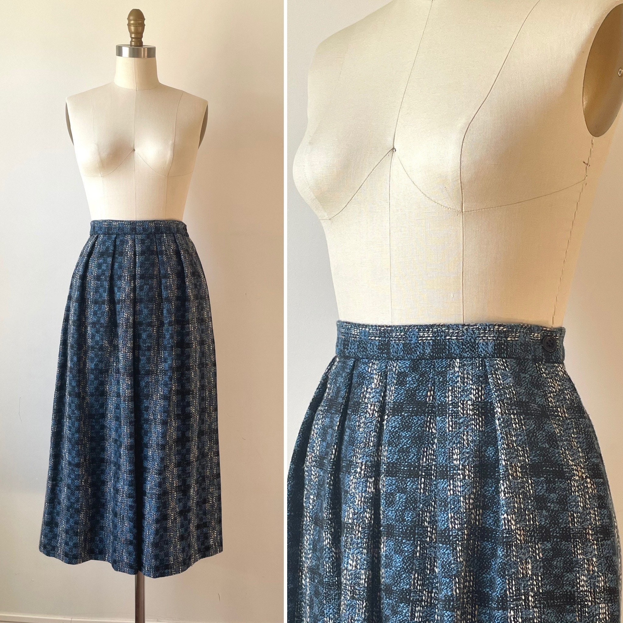 80S Wool & Silk Blend Skirt S ~ Vintage Blue Plaid With Pockets