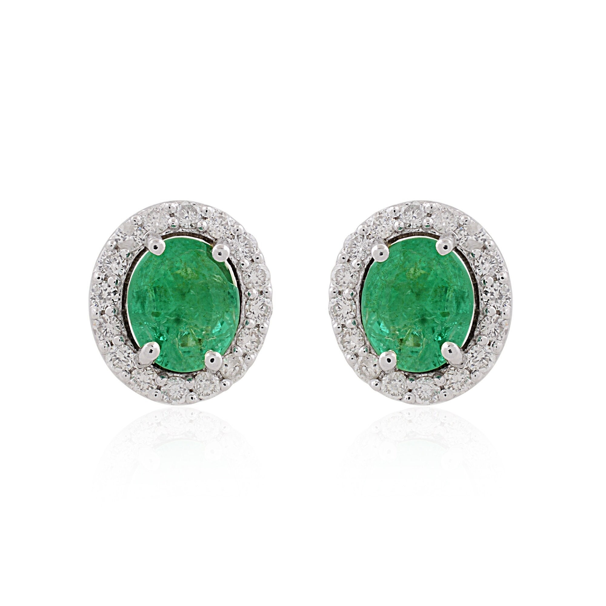 Natural Oval Cut Emerald Stud Earrings With Halo Diamonds in 10K Solid Gold May Birthstone Jewelry Anniversary Gift For Her