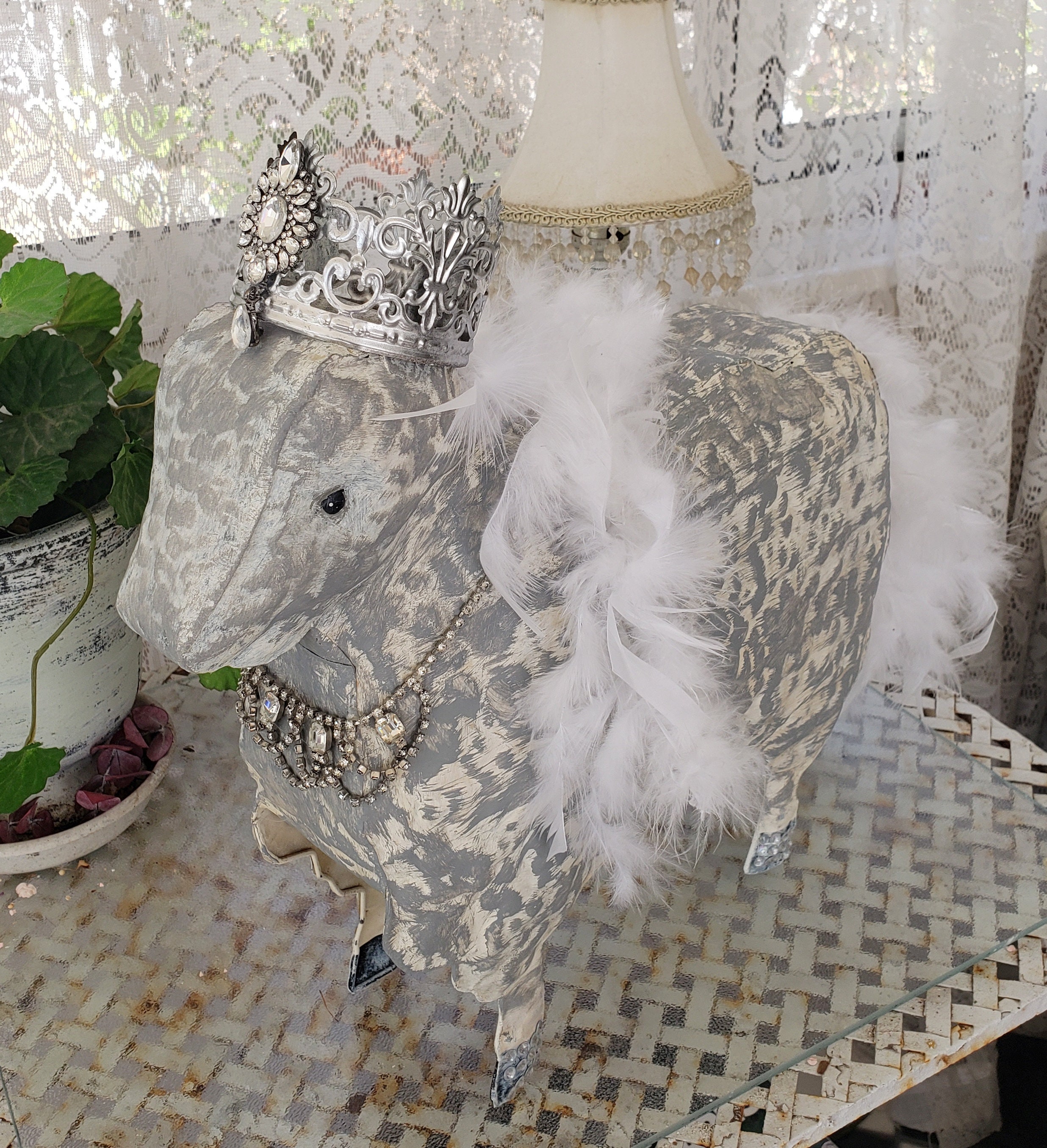 Ram Statue Decor Embellished Rhinestones Crown Feather Boa Sculpture Cottage Chic Ooak