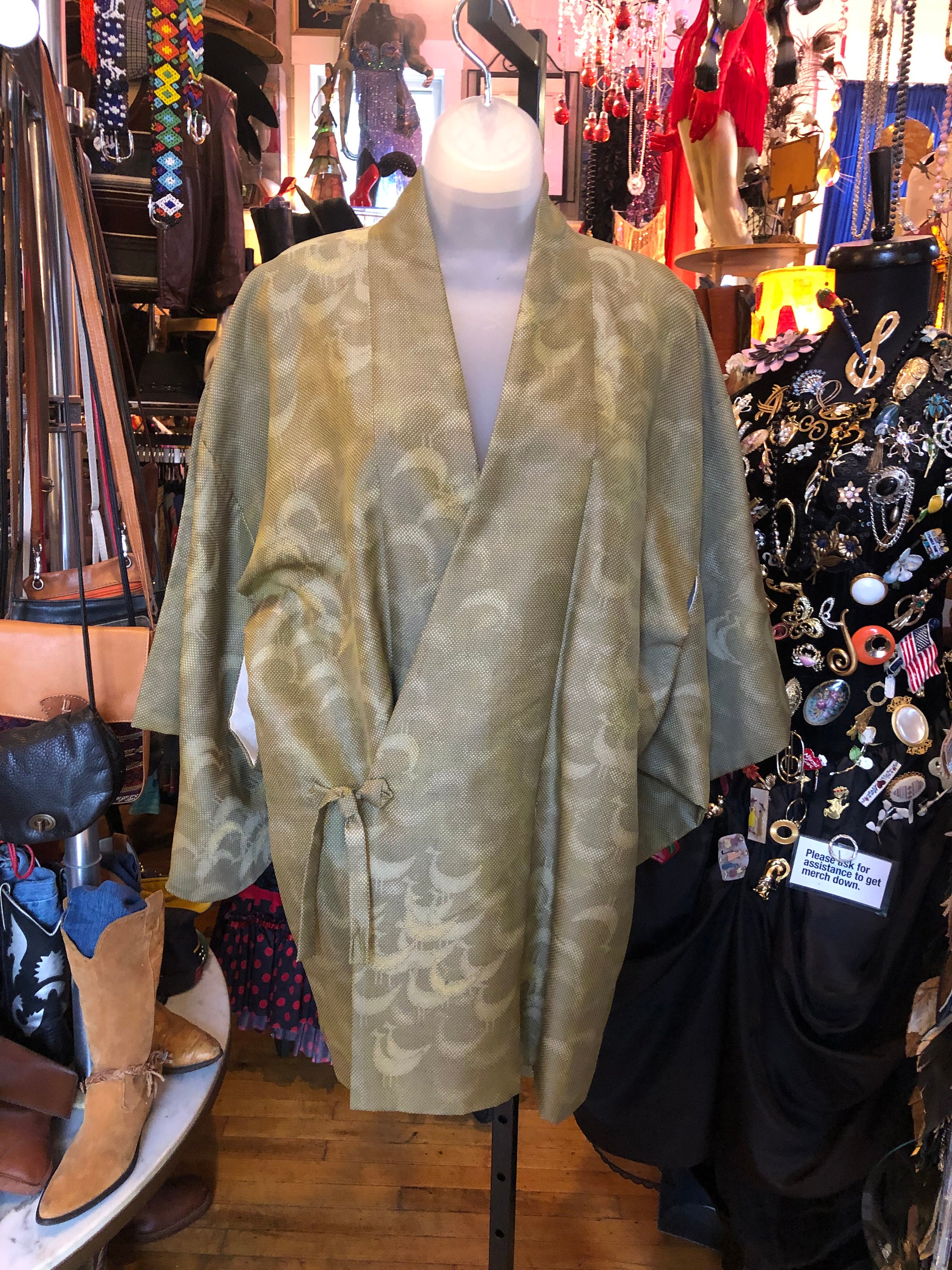 Olive Green & Gold Poly Blend Kimono Unisex Large