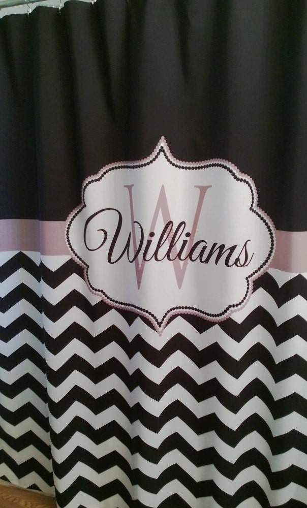 Shower Curtain Chevron Fabric You Choose Colors 70, 74, 78, 84, Or 96 Inch Extra Long Custom Monogram Personalized Shown in Taupe & Black