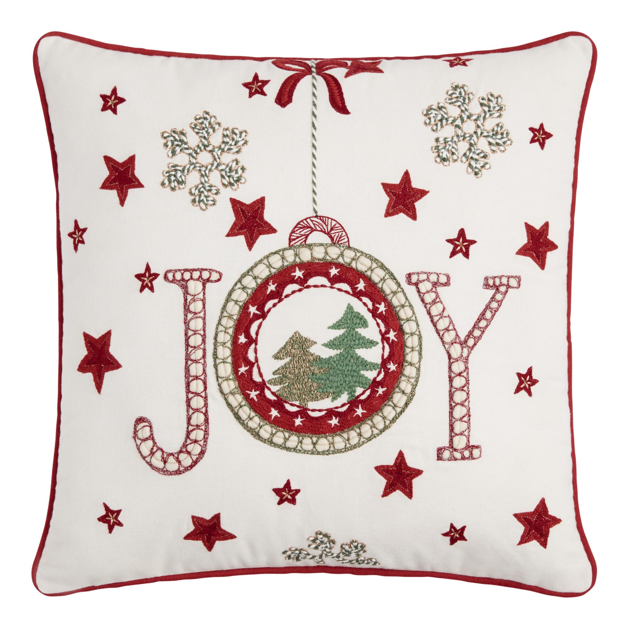 Pier Place White and Red Joy Embroidered Throw Pillow: Green/Red/White - Cotton - 18" Square by World Market