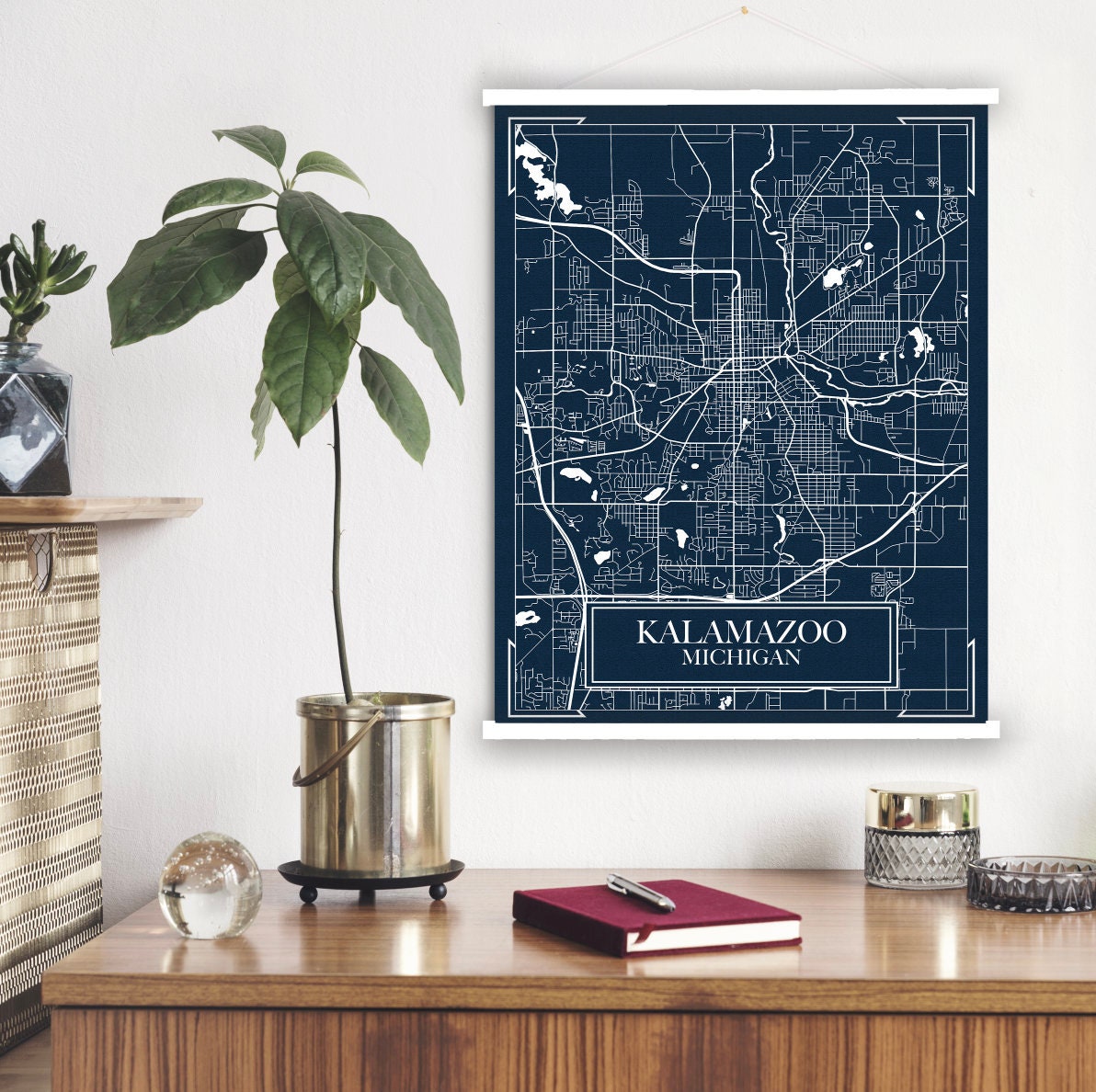 Kalamazoo Michigan Blueprint Street Map | Hanging Canvas Of Printed Marketplace