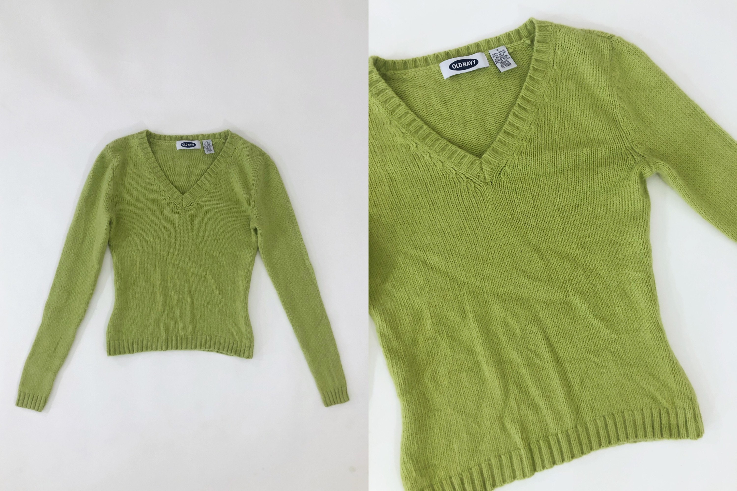 Y2K Vintage Angora Blend Sweater Kiwi Green Knit V Neck Long Sleeve 2000S 00S Small S