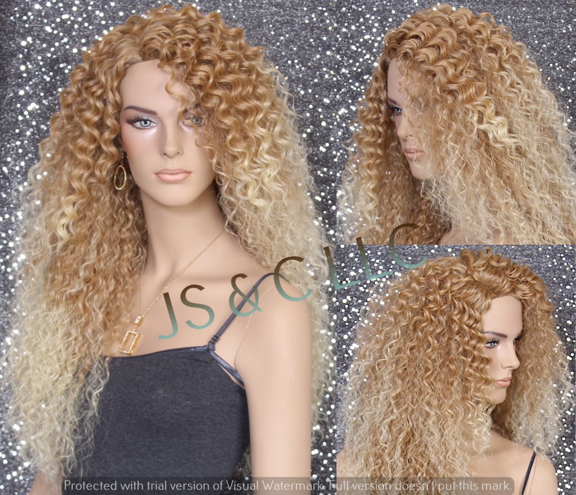 Human Hair Blend Curly Strawberry & Pale Blonde Mix Wig Side Part Shorter Front Heat Ok Cancer/Alopecia/Cosplay/Theater