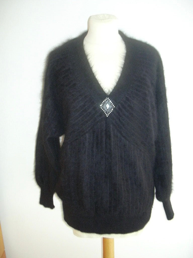 Vintage Christine Phillipe Angora Blend Rhinestone Beaded Trim V Neck Sweater Medium 1990S