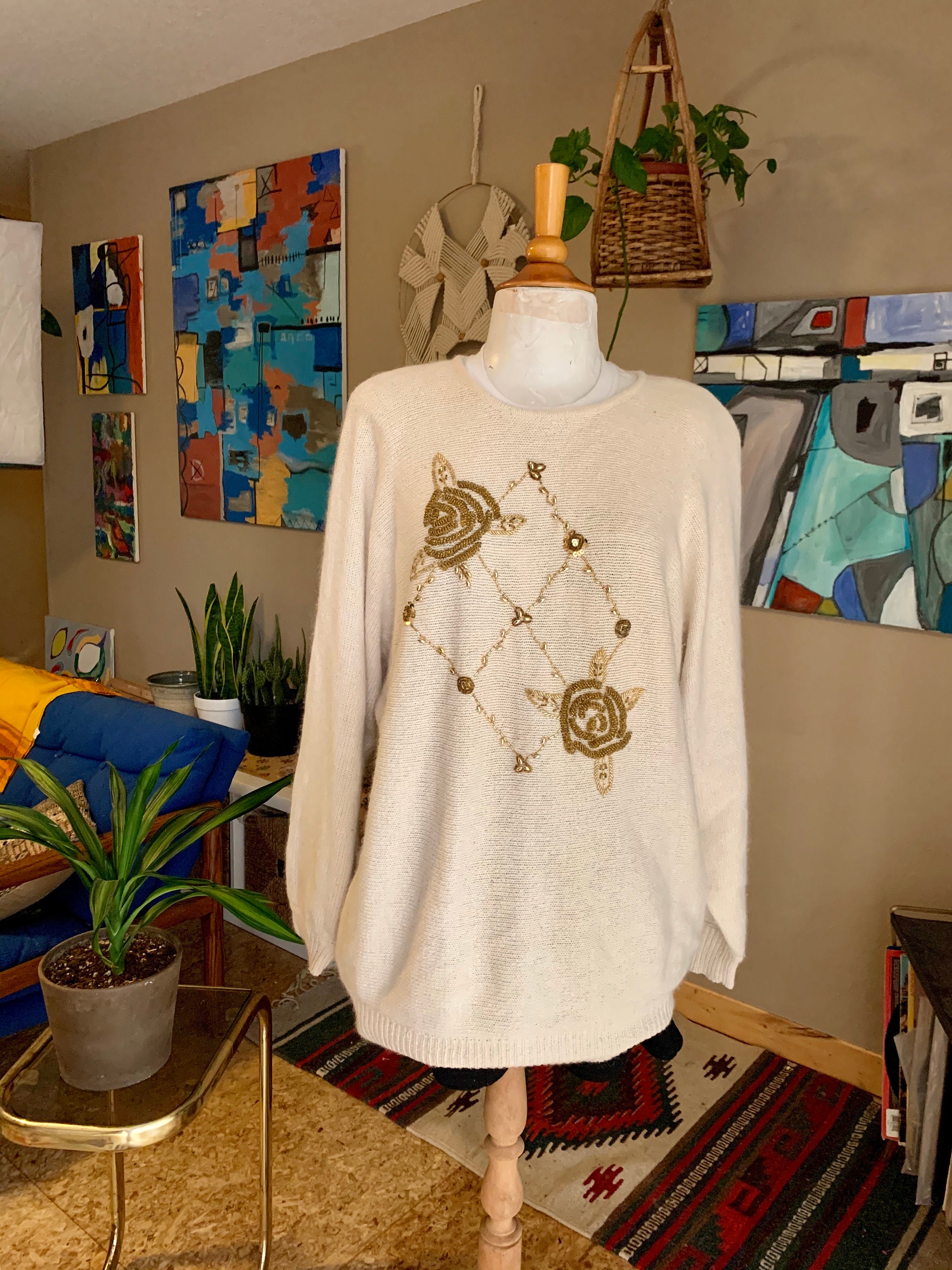 80S Vintage Cream Silk & Angora Blend Beaded Sweater