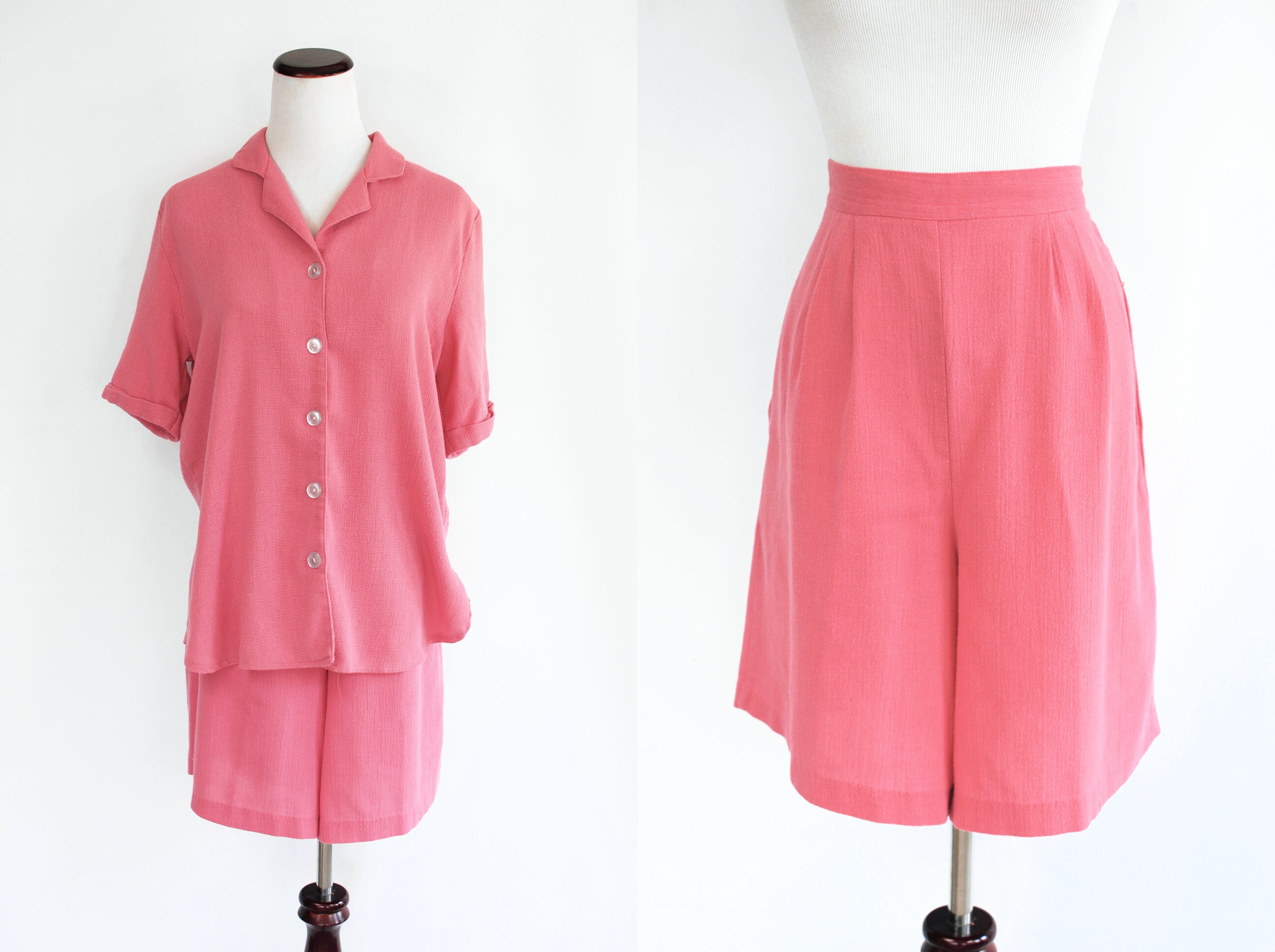 1990's Pink Linen-Blend Button-Up Blouse & Highwaisted Shorts Set