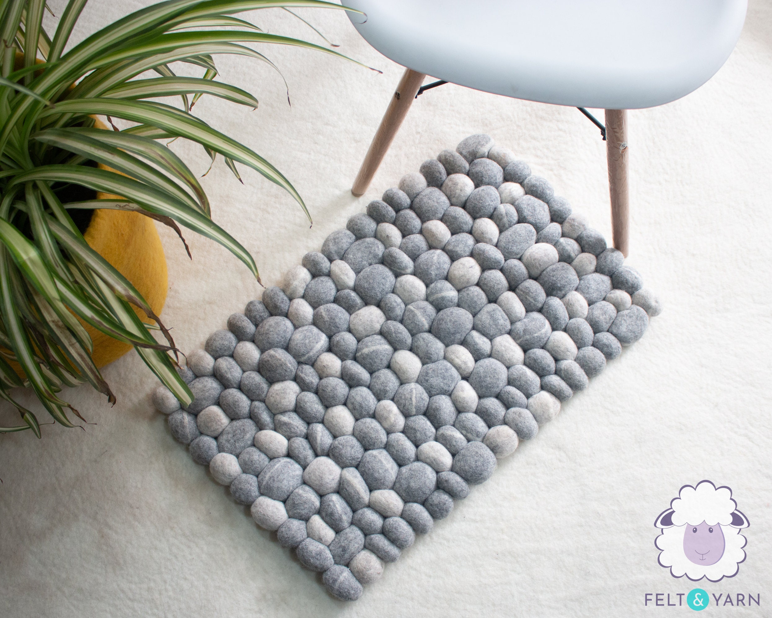 Wool Felted Pebble Rug With Natural Color Handmade Felt Stones - Good For Living Room & Bathroom Decor, Starts 40x60cm Size - Fair Trade