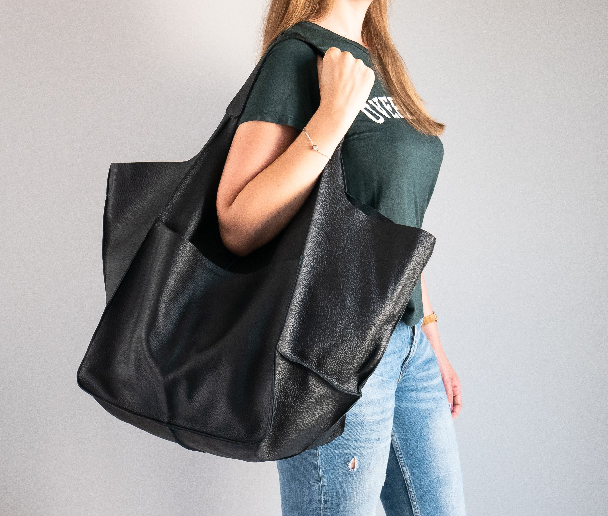 Shoulder Hobo Bag, Oversize Leather Bag, Large Tote, Everyday Slouchy Black Handbag, Women Purse, Big Shoulder Bag Ab