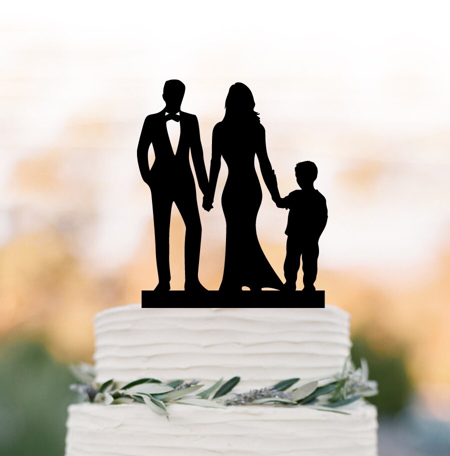 Wedding Cake Topper With Child. Topper Boy Bride & Groom Silhouette, Funny Wedding Cake Topper, Unique