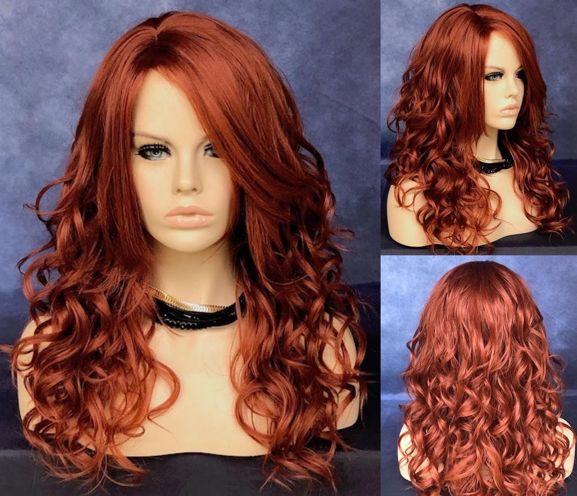 Copper Red Human Hair Blend Wavy Extra Long Bangs Off Center Parting Wavt Curly Cancer Alopecia Theater Cosplay