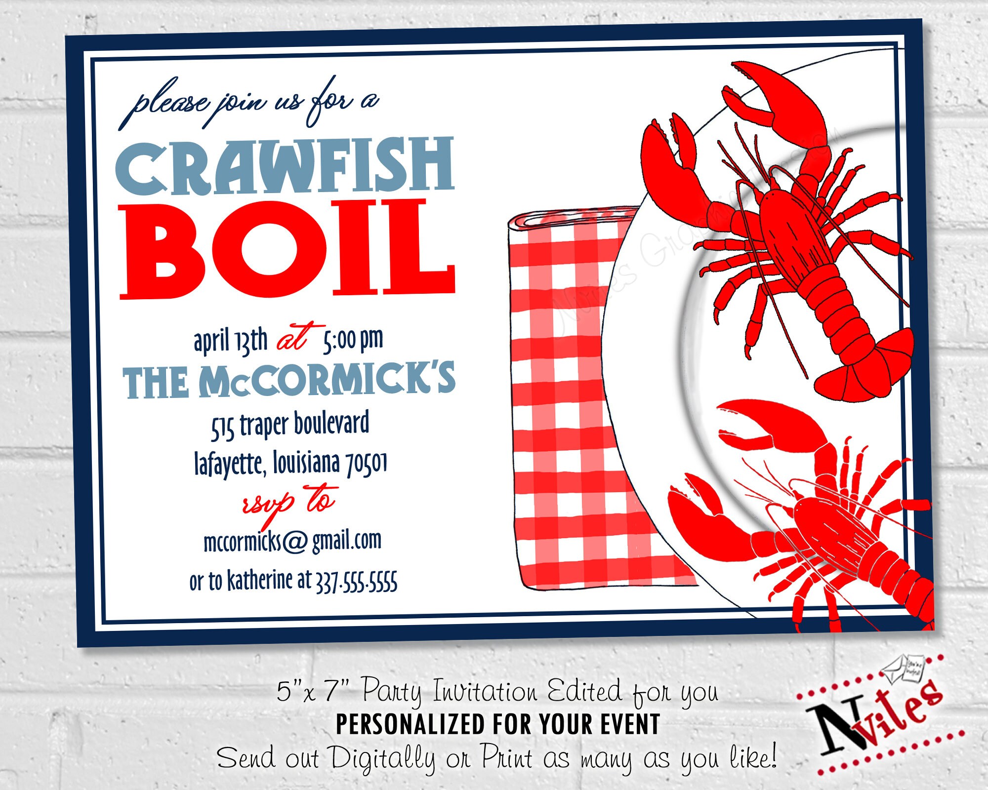 Crawfish Boil Invitation, Birthday, Seafood Dinner Party, 4Th Of July Mardi Gras Printable Summer Invitation