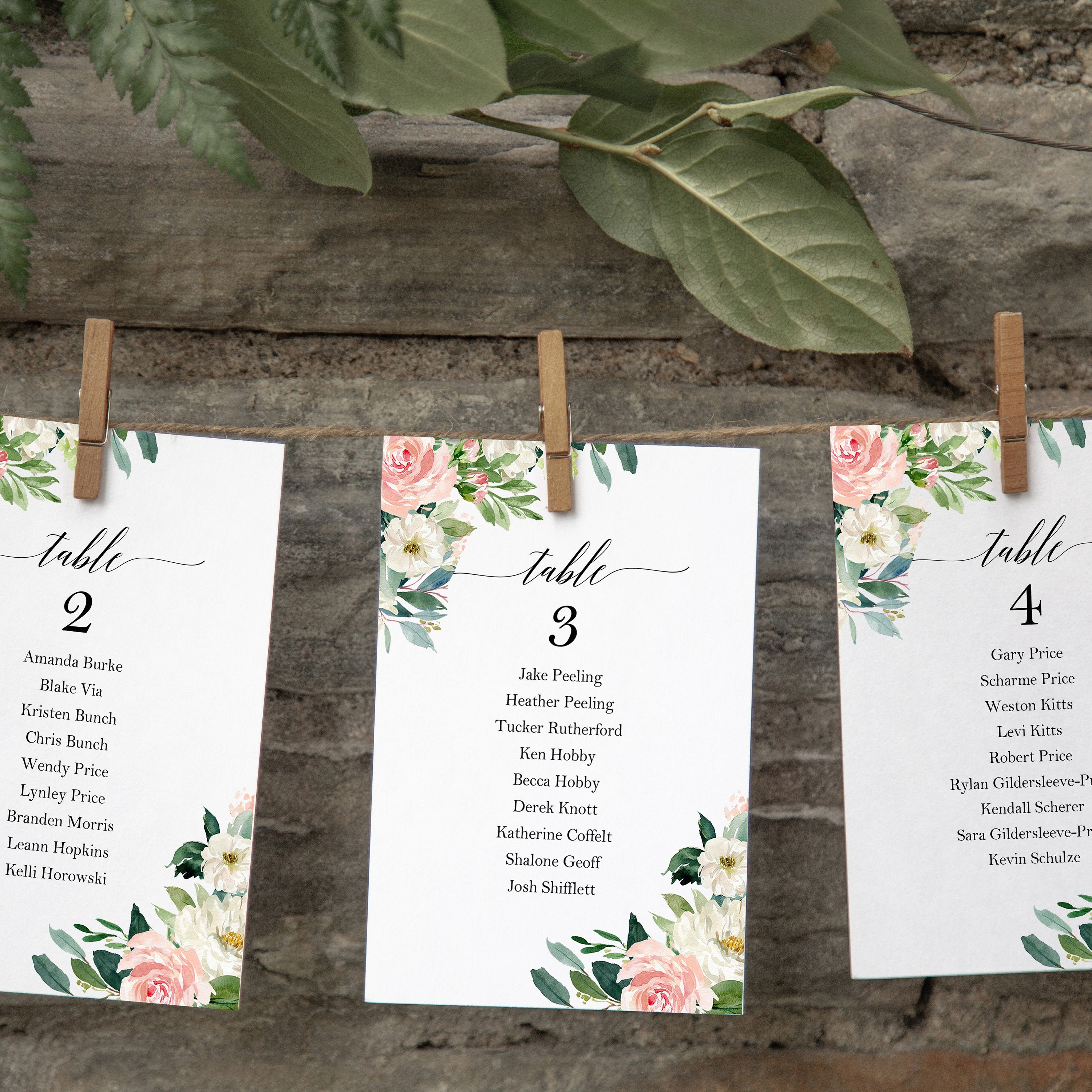 Blush Wedding Seating Chart Cards 5x7 Printed - Elegant Floral Sophia Collection