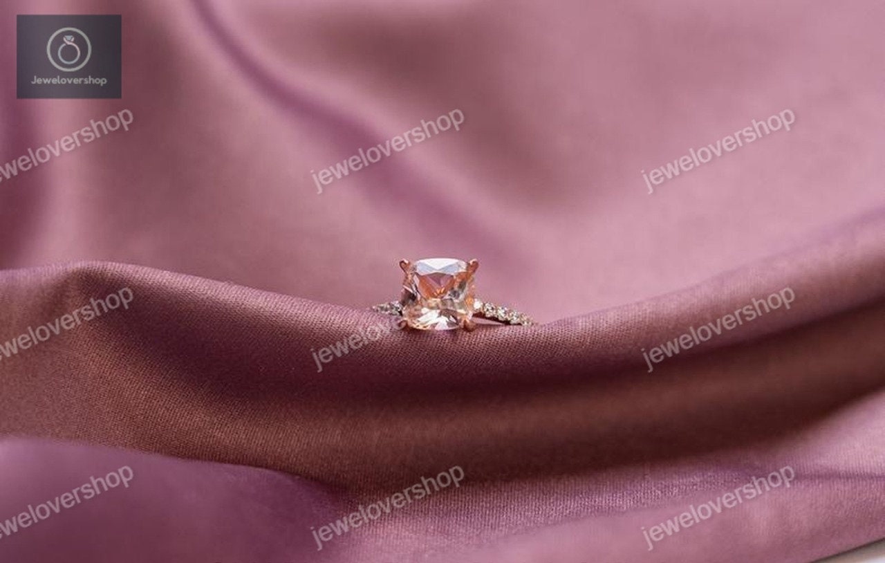 Morganite Engagement Ring Rose Gold Diamond Wedding Band 8 Mm Princess Pink Bridal Promise 14K Rings For Women