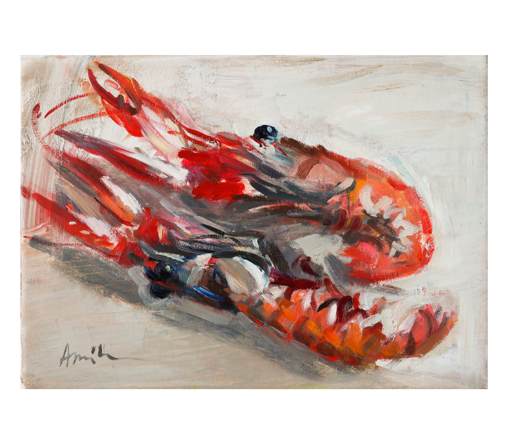 Giclee Fine Art Print Two Norway Lobsters Original Oil Painting Paintings Food Seafood Still Life Lobster Shrimp Prawn Fish Fishy Red Orange