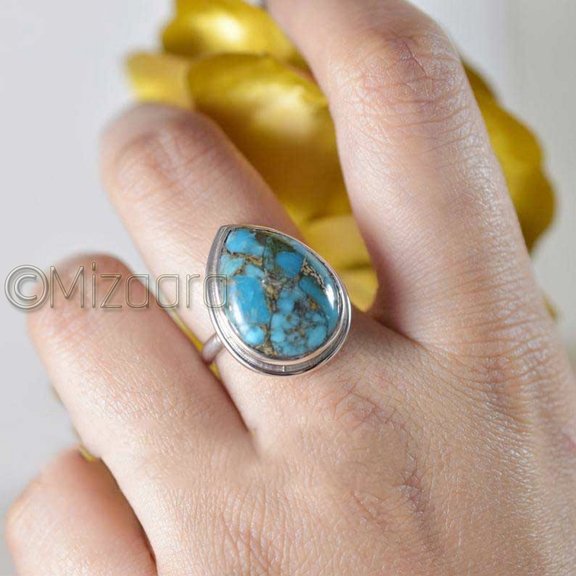 Blue Copper Turquoise Ring Adjustable Huge Gemstone Cocktail Statement Gift For Her Mermaid Wrap Openable