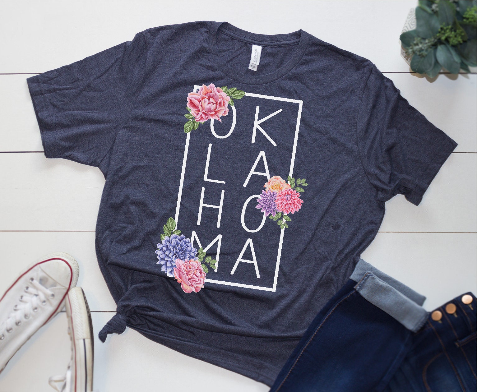 Floral Oklahoma Tri-Blend Short Sleeve T-Shirt, State Pride Print Graphic Tee, With Flowers, Square Design