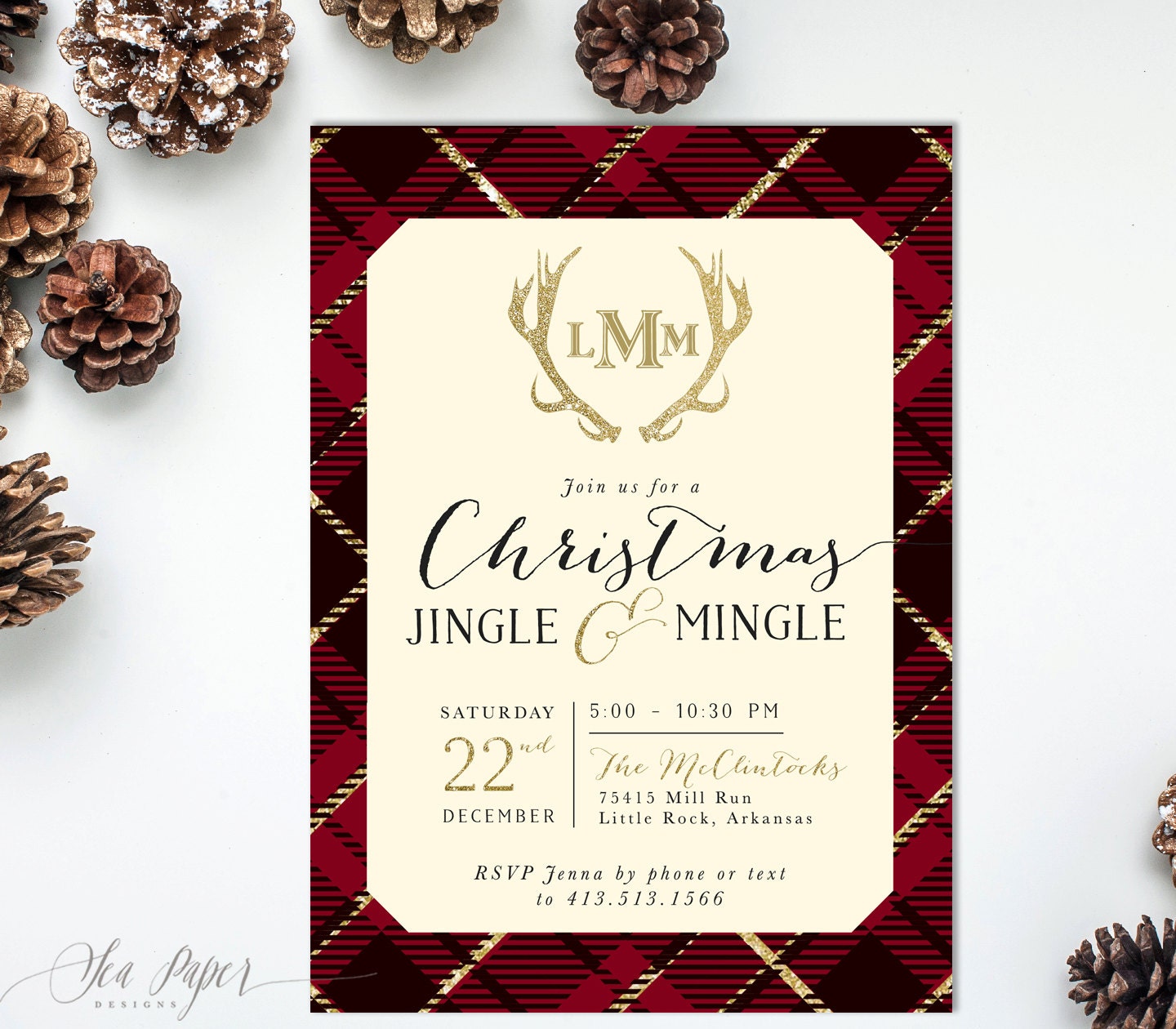 Holiday Party Invitation, Christmas Jingle & Mingle Plaid & Gold Cocktail Invitation - 13 Red"