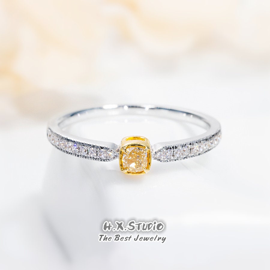 Fancy Yellow Diamond Wedding Ring in Solid 18K 2-Tone Gold/Custom Fine Jewelry/Personalization Design/Gift For Women & Girls