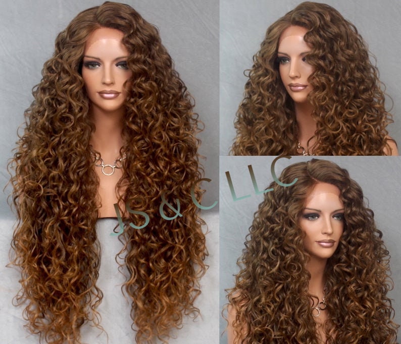 Human Hair Blend Full Lace Front Wig Extra Volume & Curly Untamed Wild Heat Safe Brown Mix Side Parting Cancer/Alopecia/Cosplay