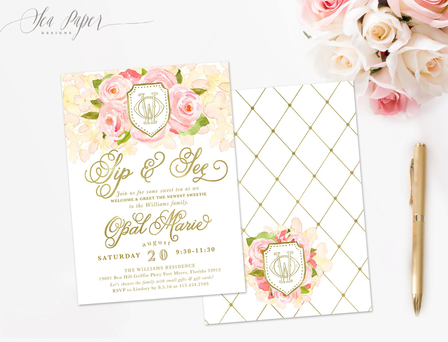 Sip & See Invitation, & Baby Shower Floral Girl Southern Invite - Opal