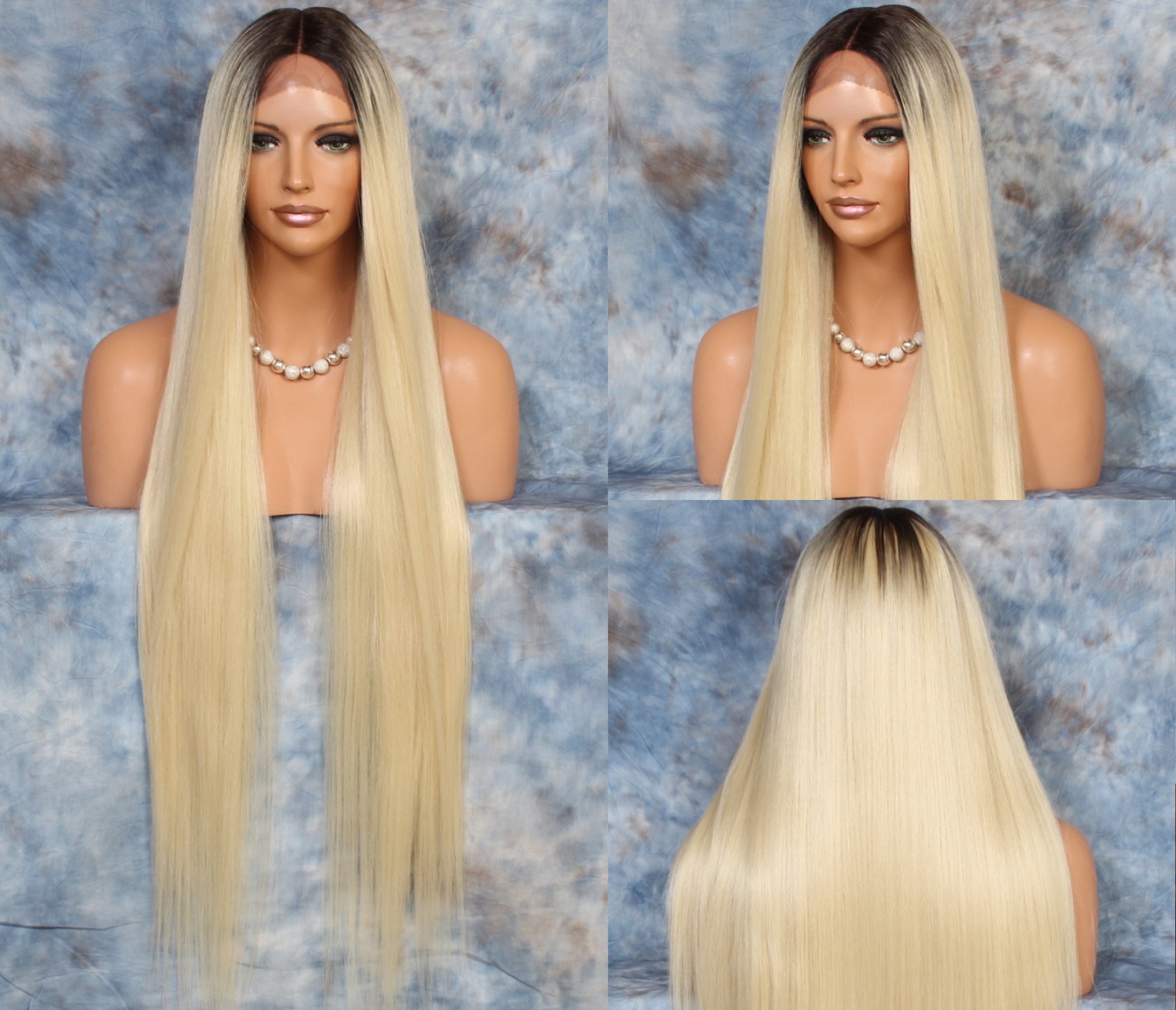 45 Human Hair Blend Lace Front Wig Hand Tied Center Part Straight Heat Safe Blonde Dark Roots Cancer/Alopecia/Cosplay
