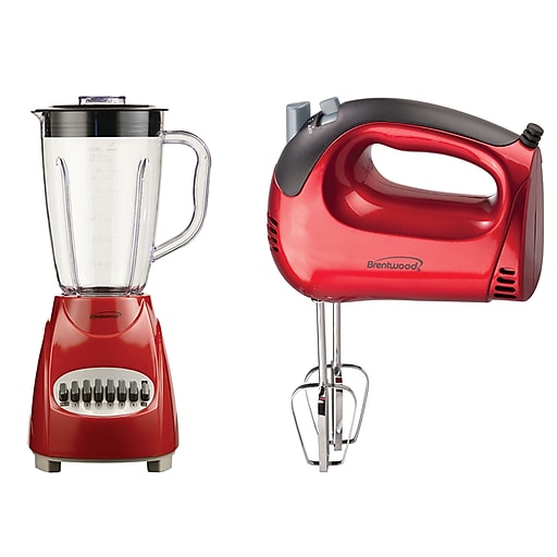 BRENTWOOD APPLIANCES 50-Ounce 12-Speed + Pulse Electric Blender with Plastic Jar 5-Speed Electric Hand Mixer, Red (843631151778)