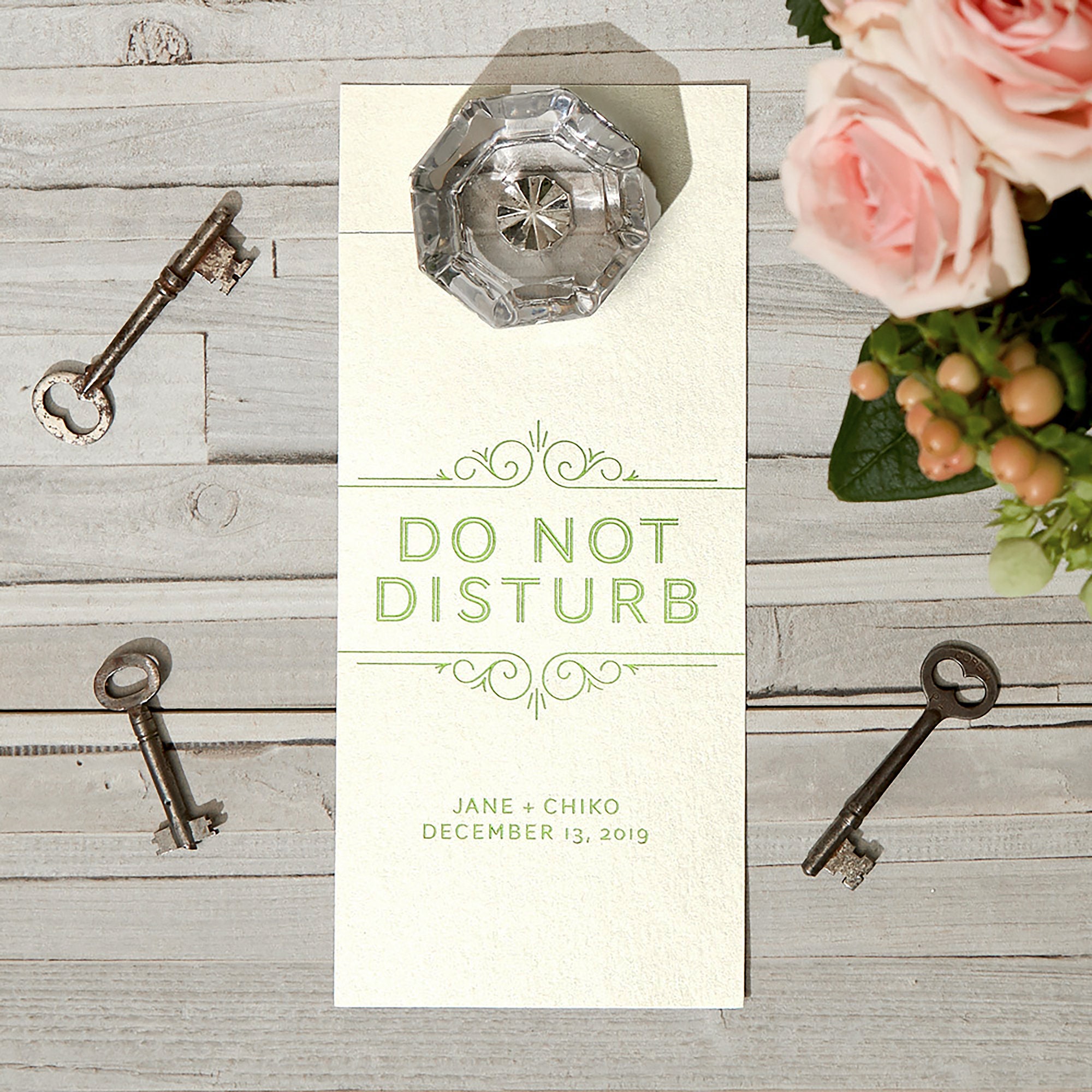 Personalized Do Not Disturb Door Hanger - Art Deco Scroll Wedding Favor, Goodie Bag Hotel Welcome Party Decor