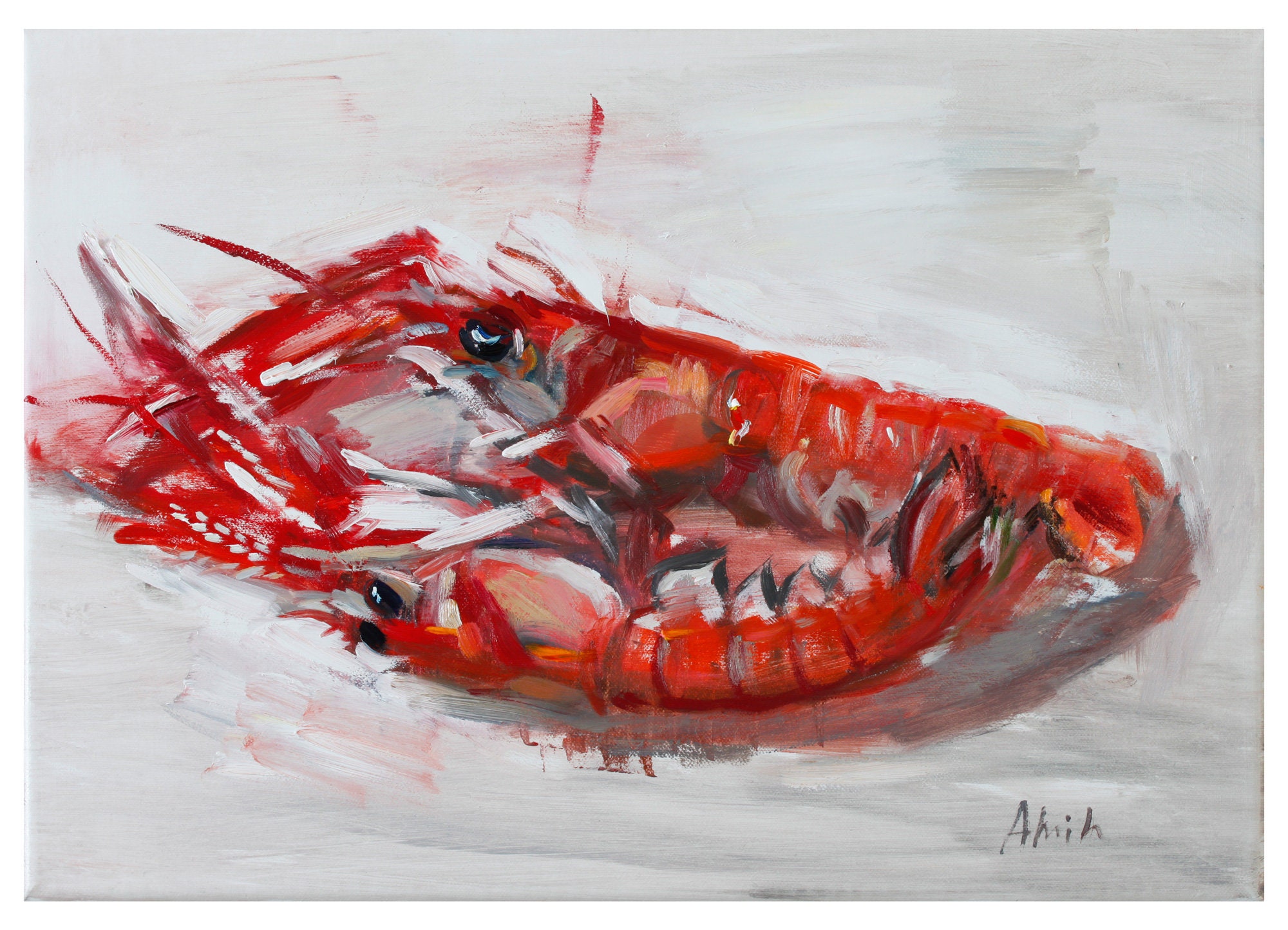Giclee Fine Art Print, Norway Lobsters Original Oil Painting Paintings Food Seafood Still Life Lobster Shrimp Prawn Fish Fishy Red Gift Grey