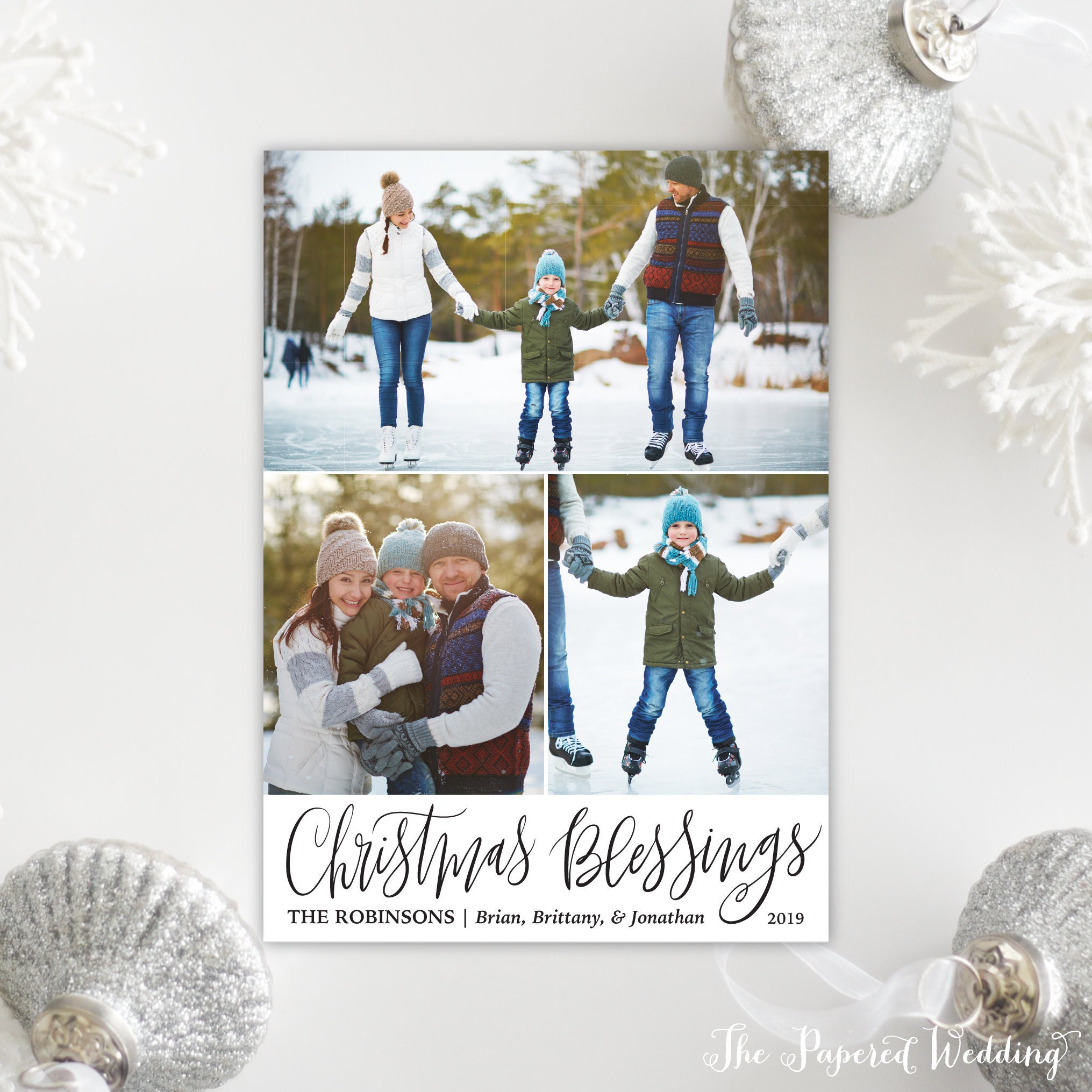 Printable Or Printed Picture Collage Cards With Christmas Blessings Wording - Holiday Three Pictures, 107 P3