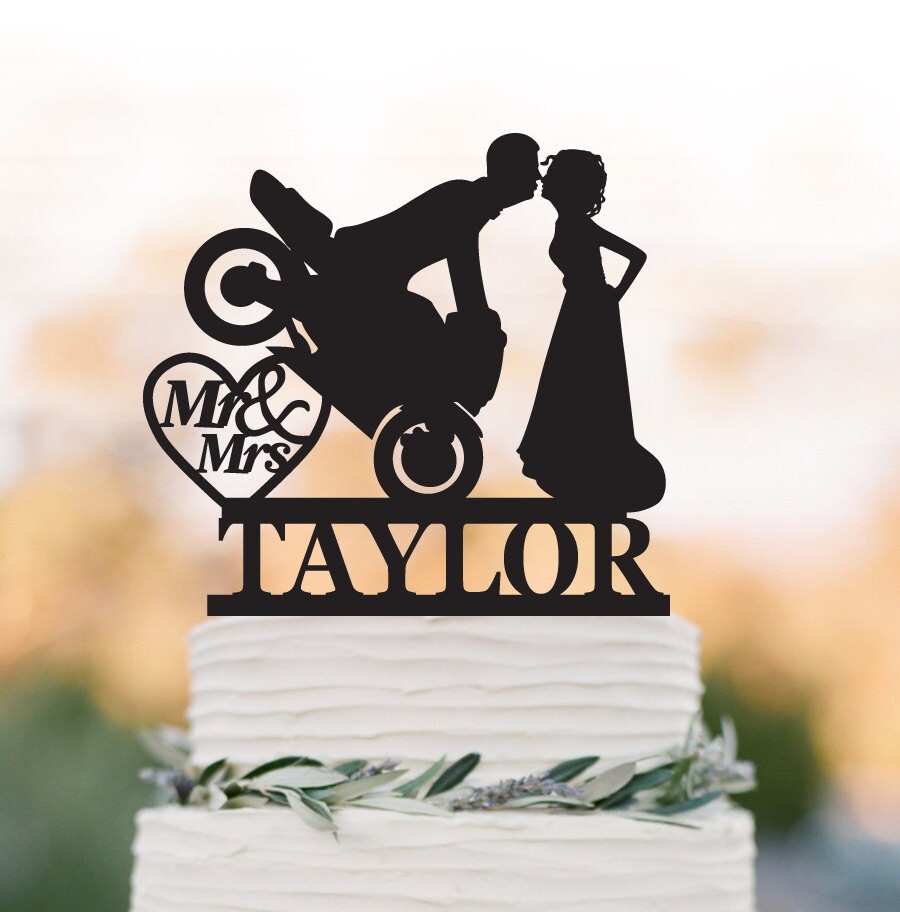 Mr & Mrs Wedding Cake Topper Motor, Personalized Wedding Cake Name. Unique Topper, Heart Decor