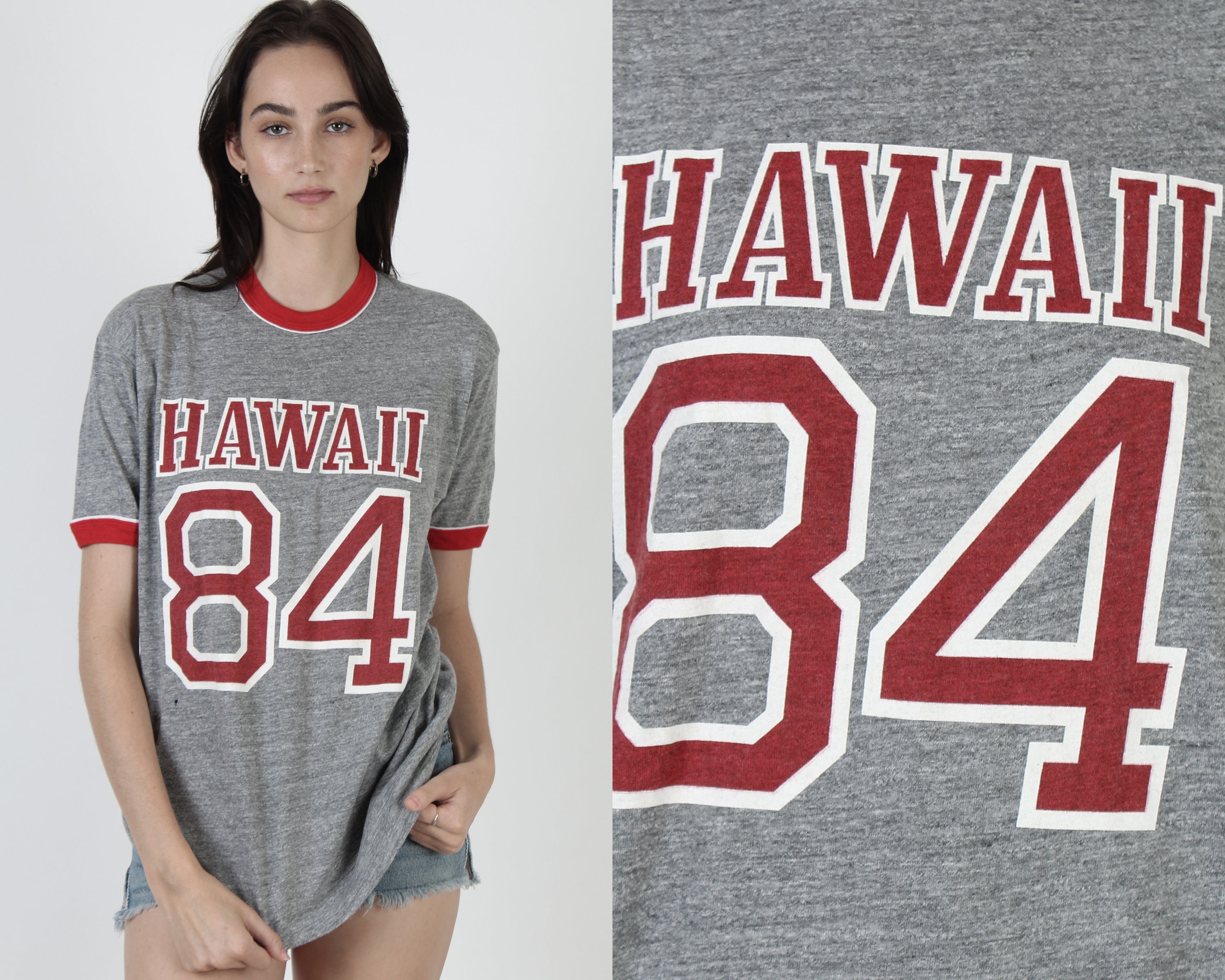 1984 Tri Blend Hawaii T Shirt/Heather Grey Sportswear Brand Hawaiian Tourist Surfer 1980S Beach Surf Rayon Tee Large L