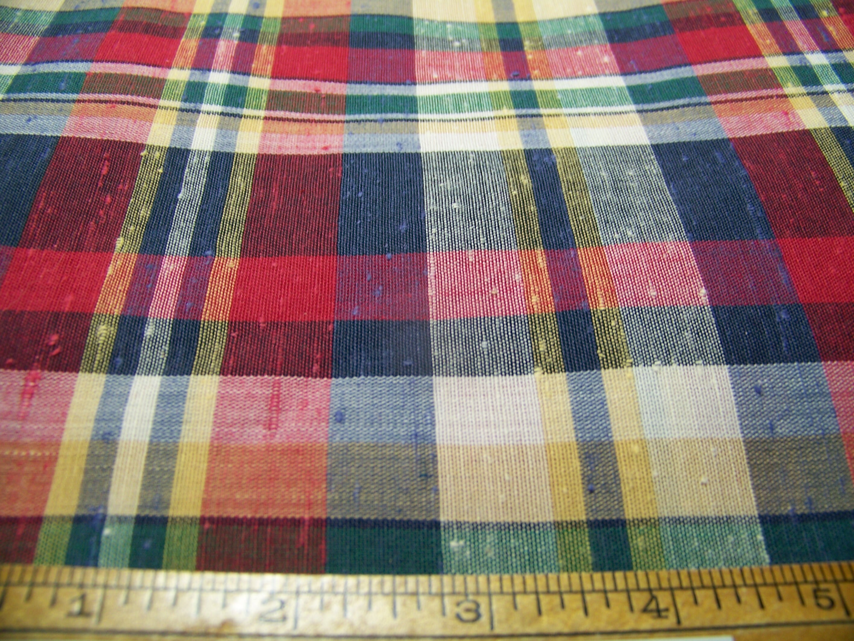 Vintage 1970's Blended Cotton Fabric Reversible Nubby Plaid Red Yellow Navy Green White 44 Wide 36 Long Quilt Doll Clothes Invbgs"