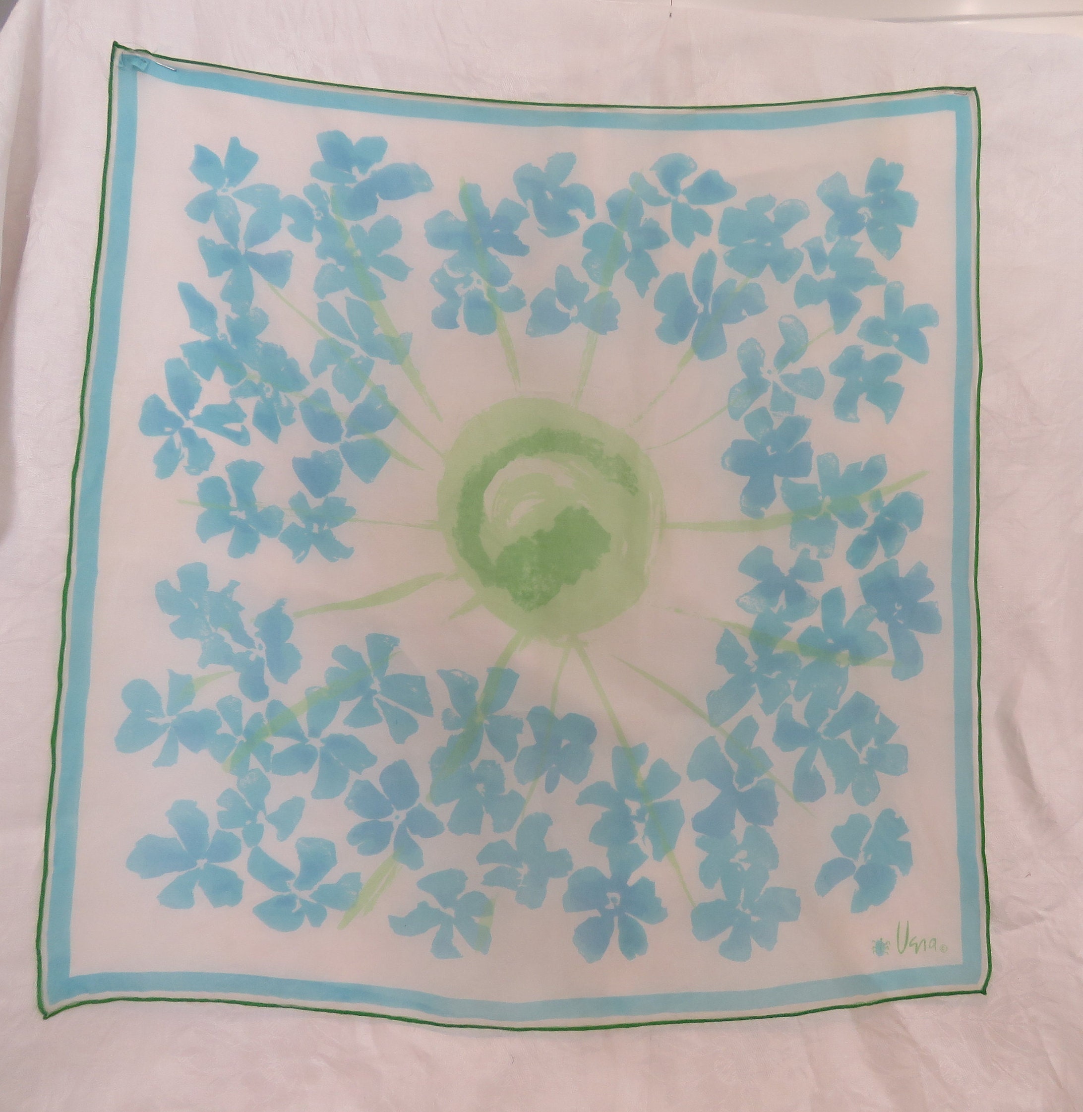 Silk Blend Scarf With Mod Cheerful Flowers & Sun Design in Green Blue Designed By Vera