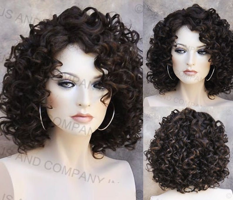 Solid Dark Brown Human Hair Blend Tight Cork Screw Curly Wig Heat Ok Side Parting Layered Full Cancer Alopecia Theater Cosplay