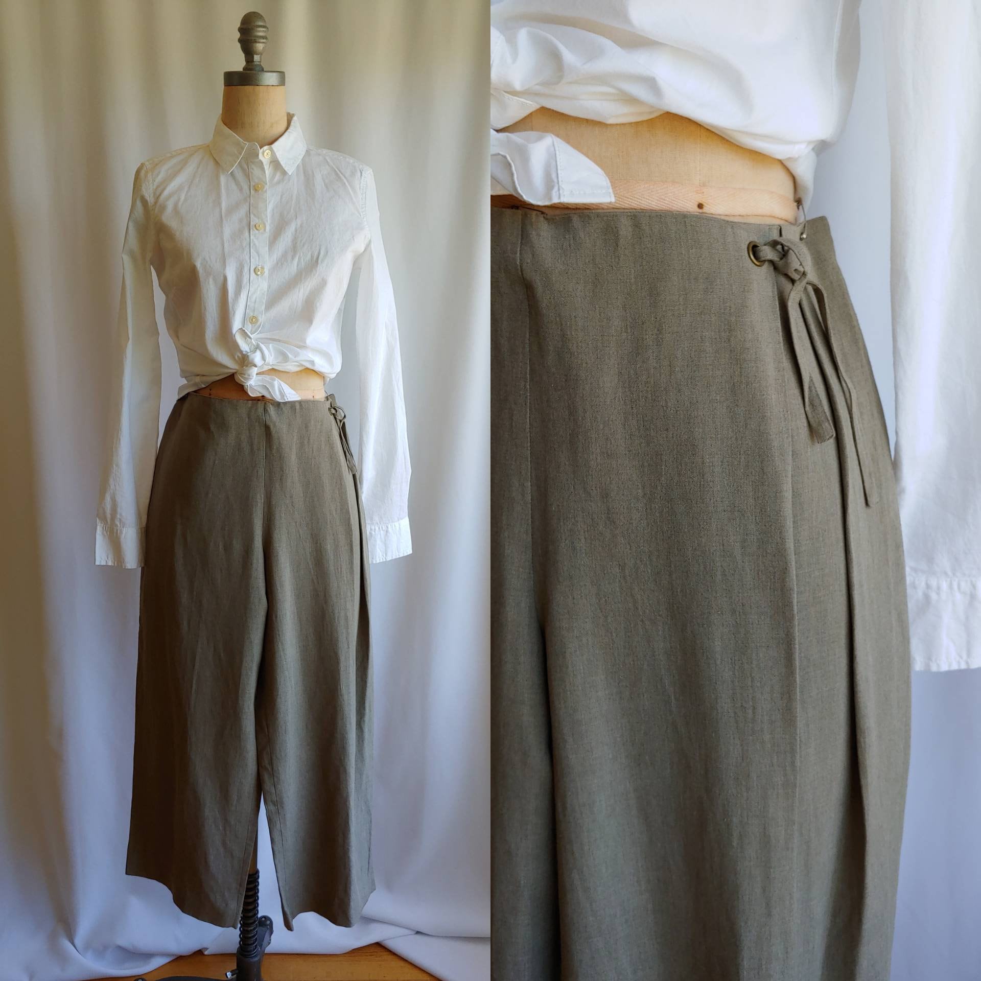 Cropped Linen Viyella Blend Khaki Pants Wide Legged Tommy Bahama High Waisted Italian Fabric With Side Tie Us Size 8