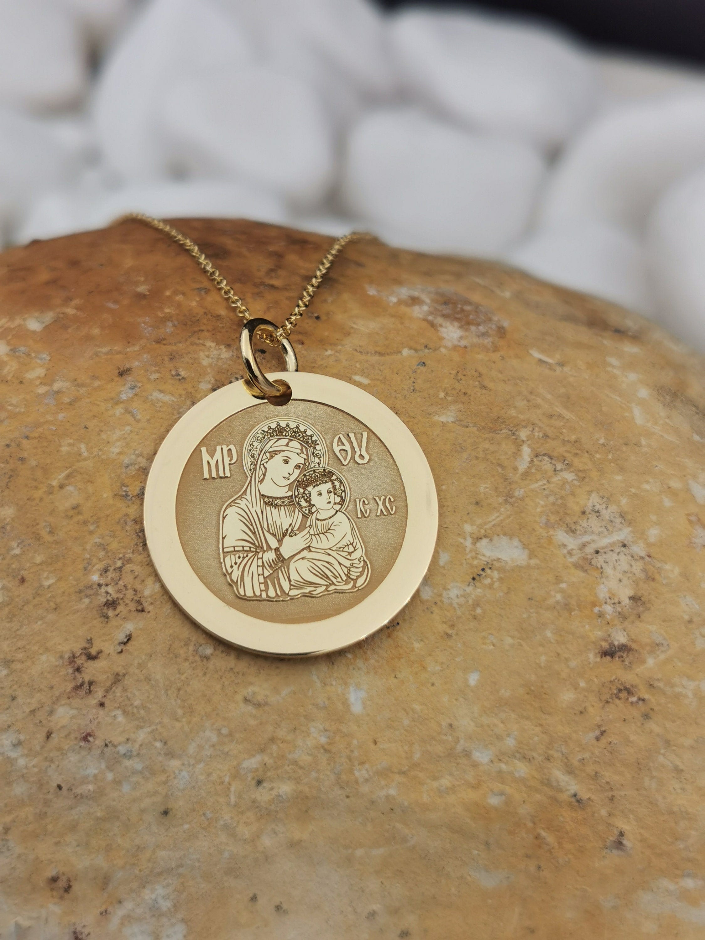 14K Solid Gold Virgin Mary Necklace, Mother Of God Pendant, Jesus Disc Custom Personalized Necklace