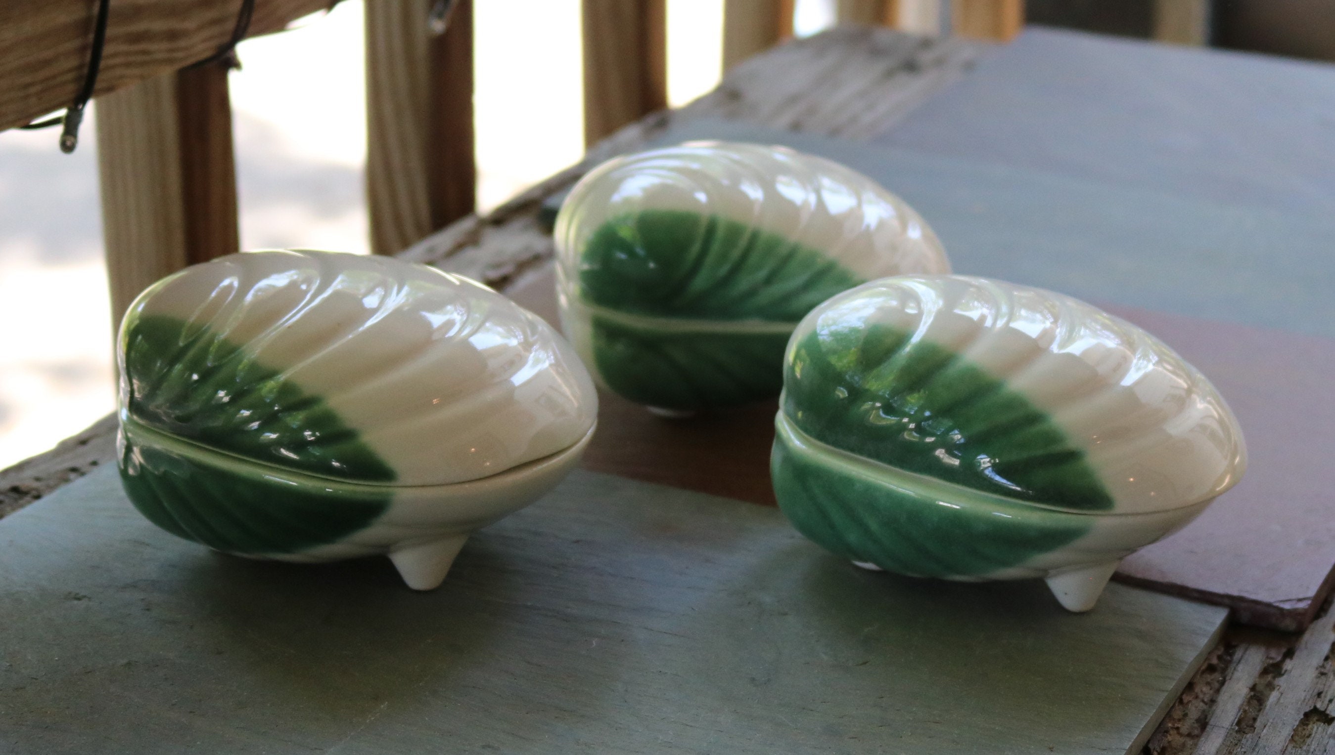 Three 50's Ceramic Clam Shell Covered Bowls For Chowder Or Seafood