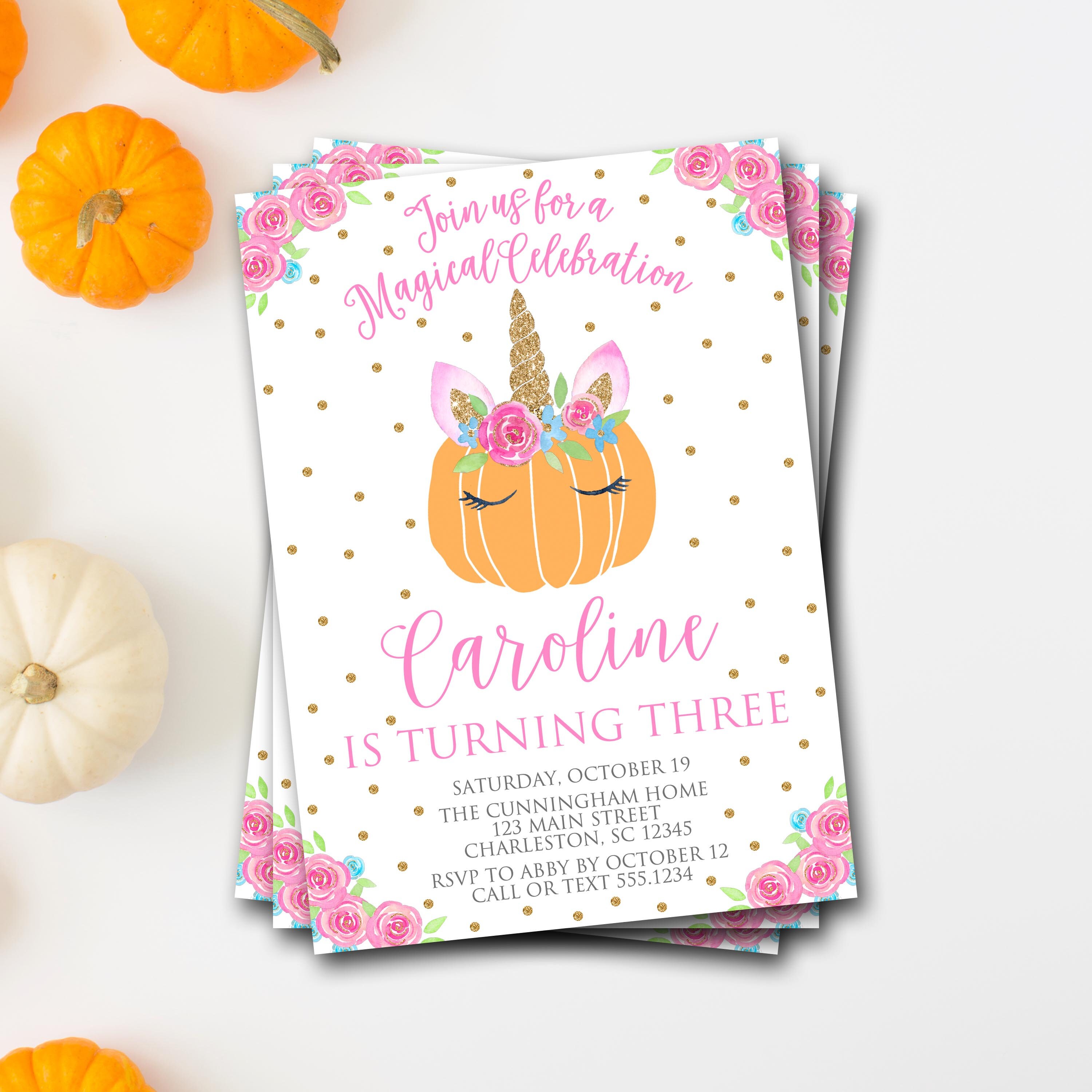 Pumpkin Unicorn Birthday Invitation, Birthday, First Fall Girl Invitation