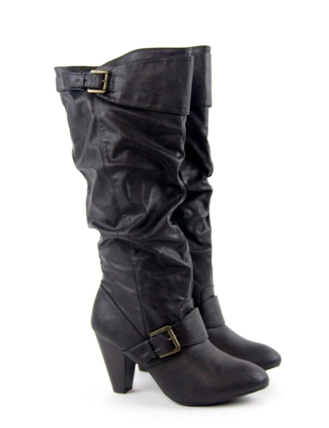 Rampage Dark Brown Slouch Buckle Womens Knee High Heel Stacked Boots