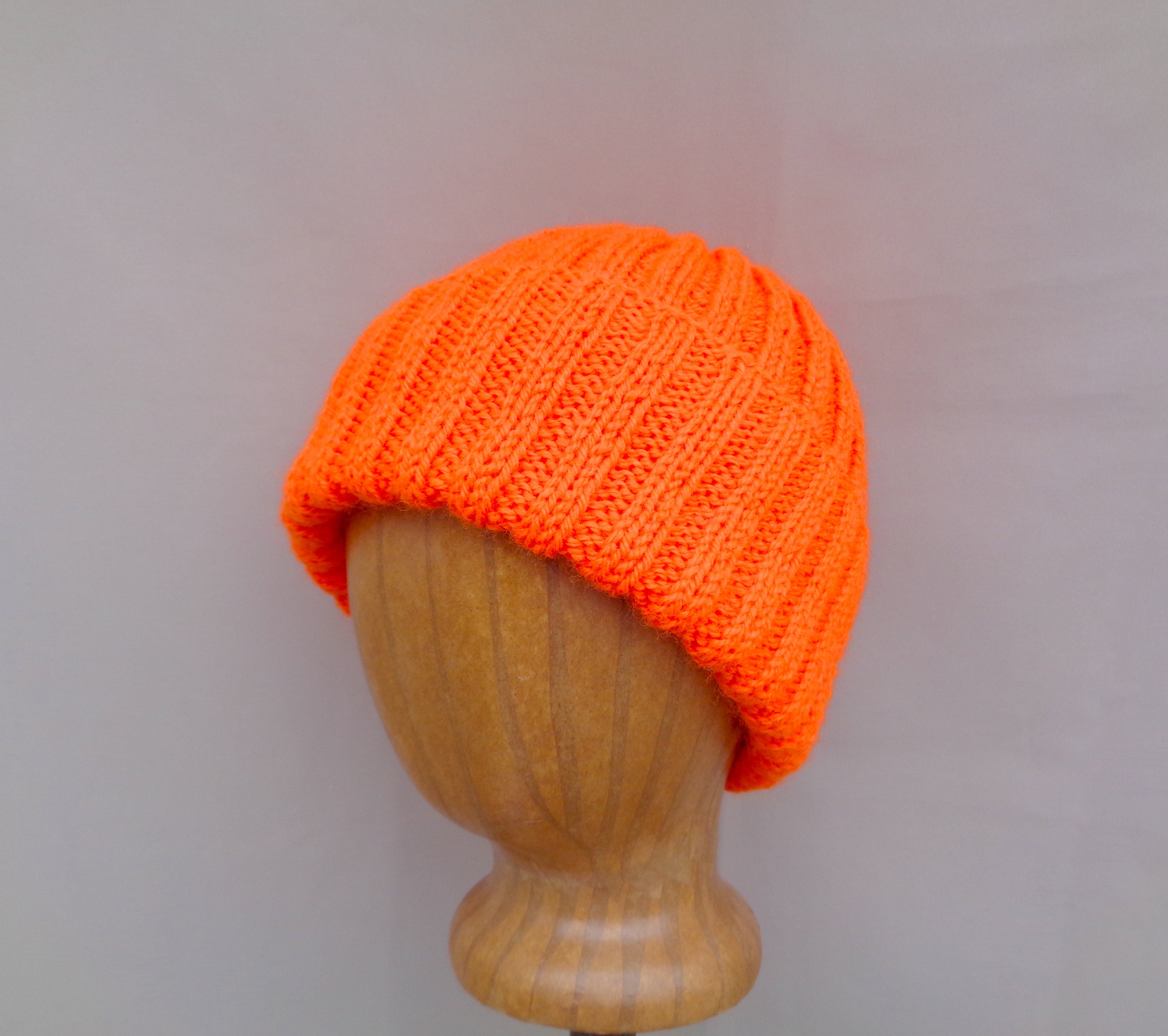 Neon Orange Hat, Hand Knit, Wool Blend, Teens Men Women, Watch Cap Beanie, Hunter Safety Jogger Biker