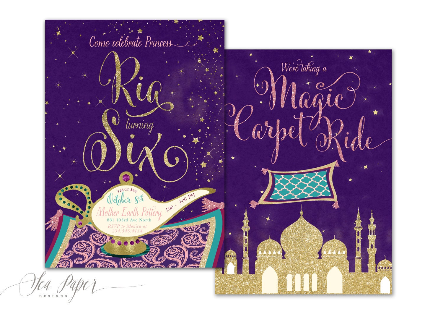 Genie Princess Birthday Invitation, Aladdin Invitation Magic Carpet Invite, Lamp Invite Any Age - Ria