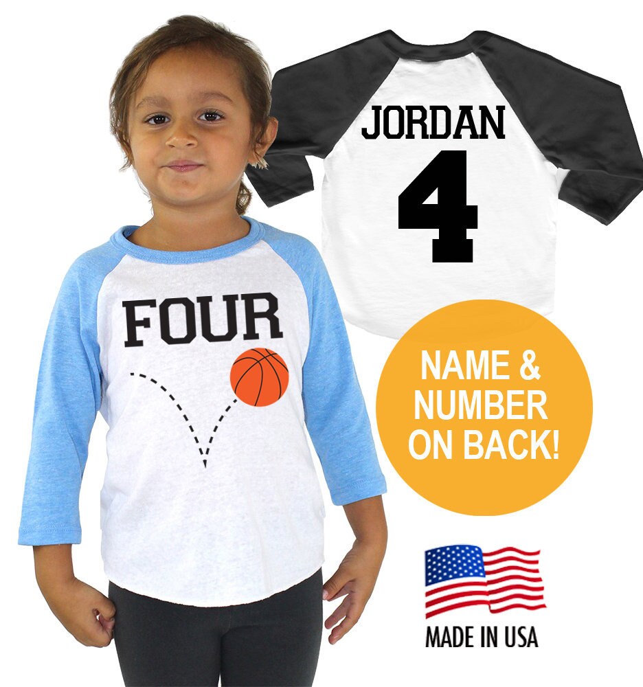 4Th Birthday Basketball 4 Tri-Blend Raglan Baseball Shirt - Personalized Name & Number On Back Toddler Sizes Twins Triplets